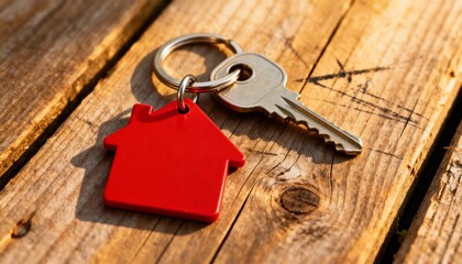 Red House Keychain and Silver Key on Wooden Planks image photo
