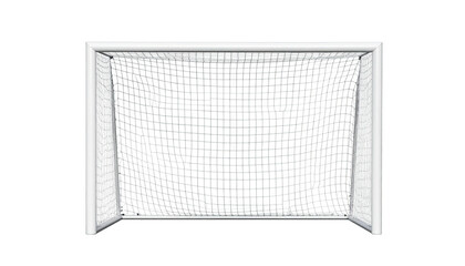 A frontal view of a soccer goal, rendered with a white frame and net against black