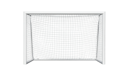 A frontal view of a soccer goal, rendered with a white frame and net against black
