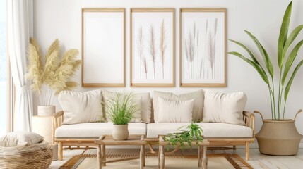 Minimalist Living Room with Neutral Sofa and Green Plants in Modern Decor