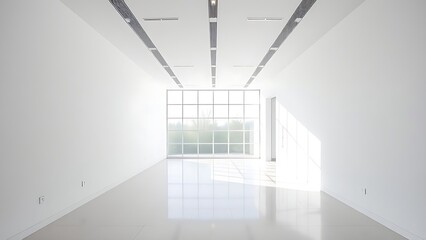Obraz premium Modern white office corridor with large windows and clean lines.