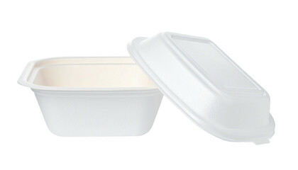 A biodegradable food container, rectangular with a detached lid, made of white material