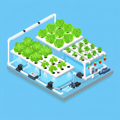 Isometric illustration of an indoor hydroponic system growing lettuce, strawberries, and other plants in a controlled environment.