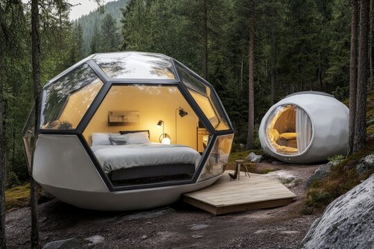 Two geodesic domes, nestled in a forest, feature glass walls and warm interior lighting