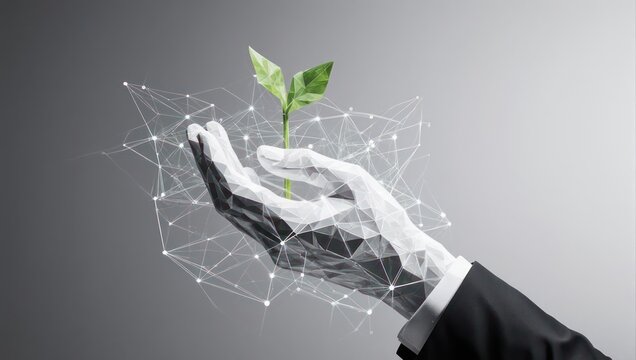 Futuristic composite of a hand cradling a budding plant, overlaid with a digital network
