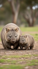 Wombat Mother and Cub Foraging in Australian Bushland.