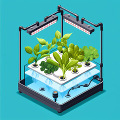 Isometric illustration of a hydroponic garden setup with various leafy green plants growing under LED lights, showcasing sustainable indoor agriculture.