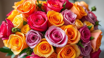 Vibrant bouquet of colorful roses against a soft floral background.
