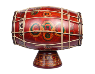 A decorative, ornate, wooden double-sided drum on a matching stand