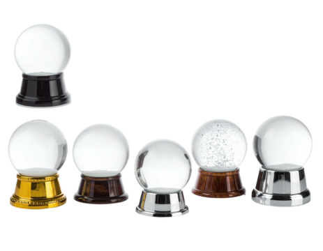 Seven clear, spherical globes atop varied-colored bases, arranged on a black backdrop
