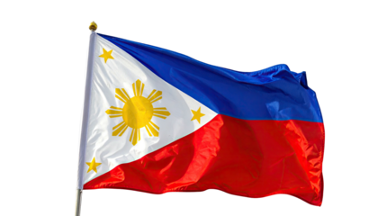 The national flag of the Philippines, with sun, stars, and color-blocked fields, waving