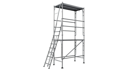 A tall, gray metal scaffolding structure with a ladder against a stark black backdrop