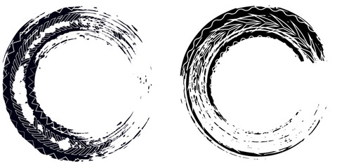 Traces of car, motorcycle tread. Curved realistic traces of tires of wheels from different types of tread vector png. Car wheels on disks.