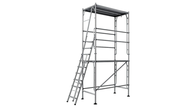 A tall, gray metal scaffolding structure with a ladder against a stark black backdrop - Powered by Adobe