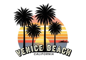 Obraz premium Venice Beach California Sunset Palm Trees Retro Design.