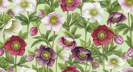 Hellebore Floral Pattern - A Colorful Botanical Design.