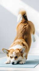 Corgi Stretching on Yoga Mat - A Playful Downward Dog.