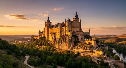 Fototapeta premium Majestic Bojnice Castle at Sunset - A Slovakian Fairytale Landscape.