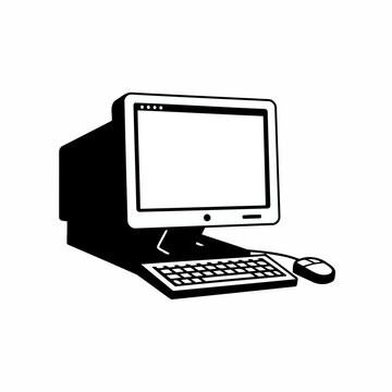 Retro Desktop Computer System Vector Illustration in Minimalist Black and White Style