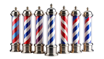 A row of classic, detailed barber poles with alternating stripes and silver accents
