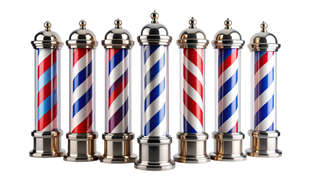 A row of classic, detailed barber poles with alternating stripes and silver accents