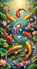 Koi Pond Serenity - A Vibrant Dance of Color and Life.