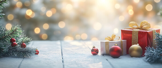 Christmas background with red and gold gifts, ornaments, fir branches on a white wooden table with bokeh lights of garland decoration.