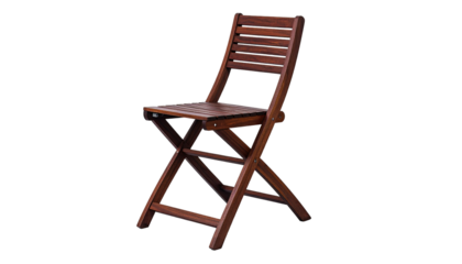 A folded wooden chair isolated on a black background; angled view