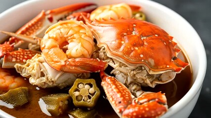 A vibrant bowl of seafood featuring fresh crab and shrimp, garnished with okra, ready to enjoy