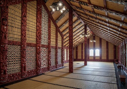 Intricate Maori Meeting House Interior - Carvings, Patterns, and Cultural Heritage.