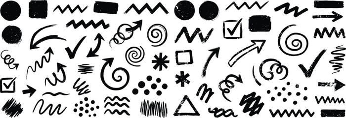 Grungy and Distressed Hand Drawn Arrows, Checkmarks and Shapes for Expressive Design Projects