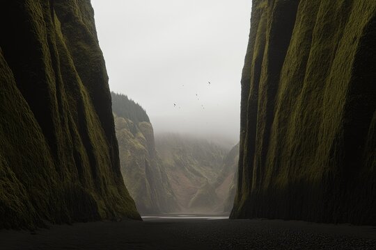 Misty, moss-covered cliffs frame a dark beach - Powered by Adobe