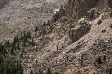  nature sceneries along a trail inside the Catinaccio mountain range, Dolomites, Val di Fassa, Trento, Italy