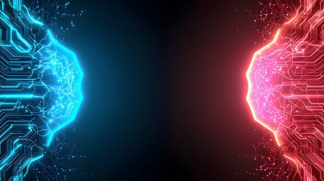 The image shows an abstract representation of two circuit boards, one blue and one red, facing each other against a dark background, conveying technology or connectivity.