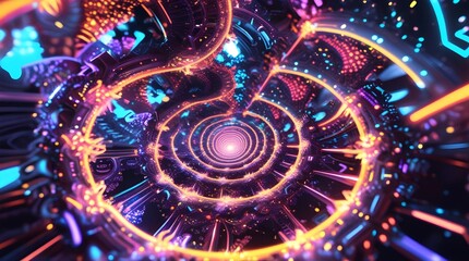 Cinematic abstract visualization depicting infinite neon spiral of circuitry and crystalline geometry glowing with ethereal futuristic symmetry