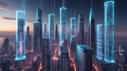 Futuristic digital city skyline composed of luminous holographic skyscrapers made from glowing circuit boards and neon wireframes in cinematic sci-fi style