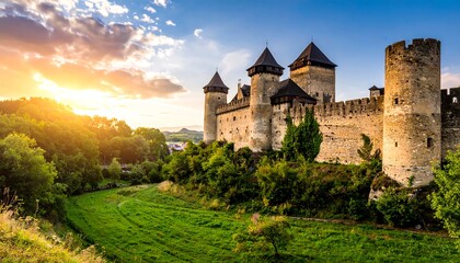 Scenic medieval castle perched atop a hill under a vibrant sunset