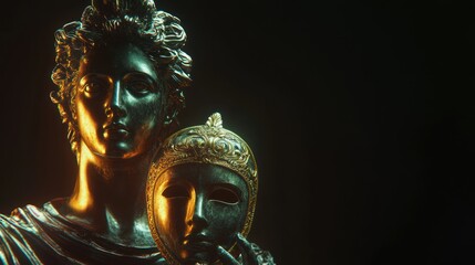 Bronze statue busts, theatrical mask, dramatic lighting