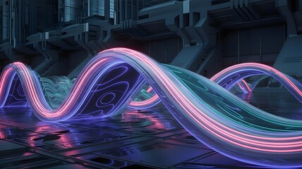 Cinematic sci-fi landscape with vibrant neon energy waves rippling across alien terrain surrounded by glowing crystals and surreal fractal reflections