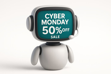 Cyber Monday sale robot with headset displays 50 percent off sale message on screen, cheerful and modern design, white background, technology and shopping concept