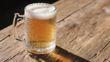 Frosted glass mug filled with cold, light-colored beer, on a rustic wooden surface