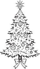 Obraz premium Christmas Tree Vector – Black and White Line Art with Ornaments, Star, Bow, Candy Canes, and Text