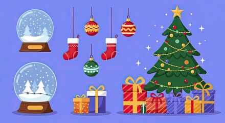 Festive Christmas scene with decorated tree, gifts, snow globes, and hanging ornaments, perfect for holiday promotions and cheerful seasonal designs.