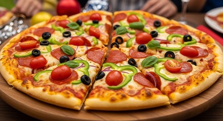 Delicious Pepperoni Pizza with Fresh Toppings on Wooden Board.