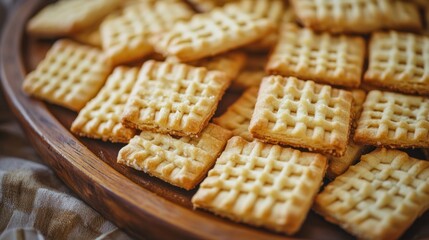 Close-up of many square, patterned cookies on a wooden plate