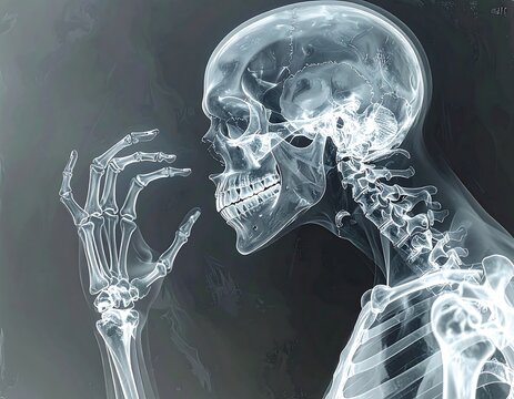 X-ray depiction of a human skeleton and hand profile