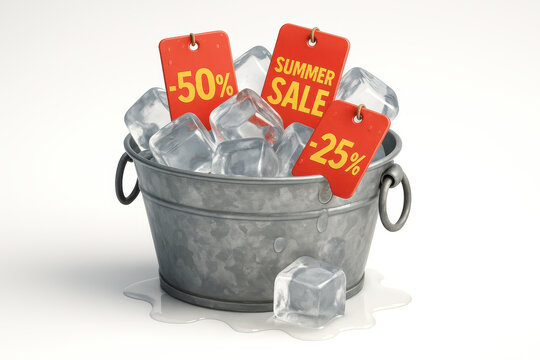 Summer sale ice bucket with melting ice cubes and discount tags showing 50 percent and 25 percent off, concept for refreshing seasonal sale and cool promotion