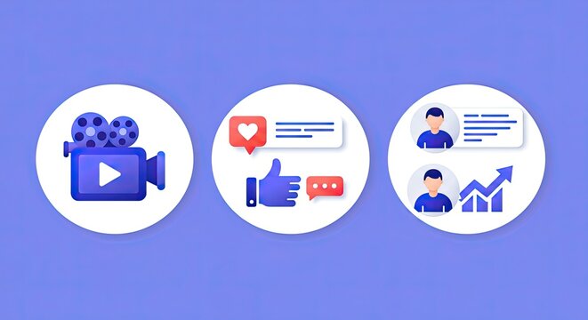 Modern social media icons representing video content, audience engagement, and business growth in a clean, professional style