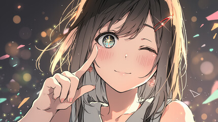星のような瞳でウィンクするアニメ美少女｜幻想的に輝く光と笑顔のポートレート