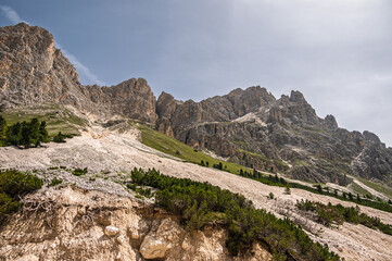 nature sceneries along a trail inside the Catinaccio mountain range, Dolomites, Val di Fassa, Trento, Italy
